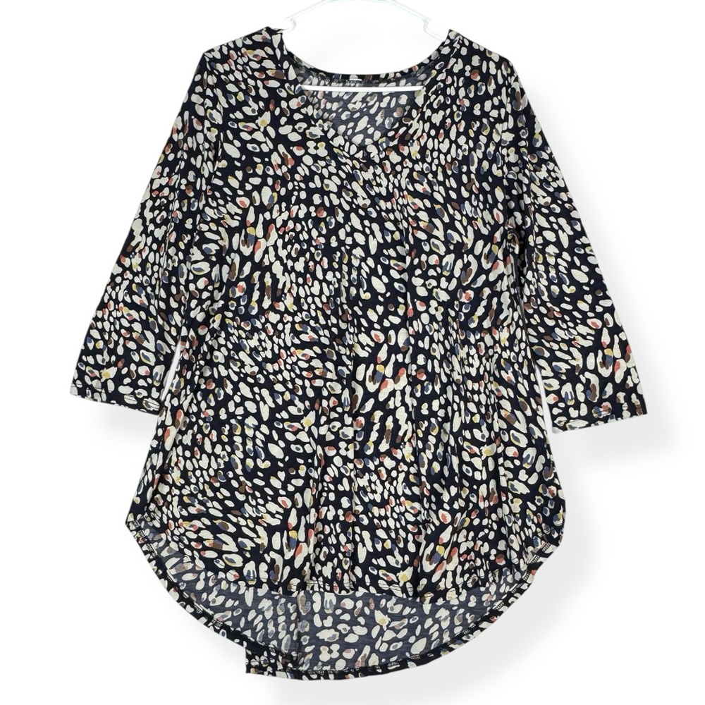 Honeyme Tunic Top Womens L Large Navy Multicolor‎ 3/4 Sleeves Stretch